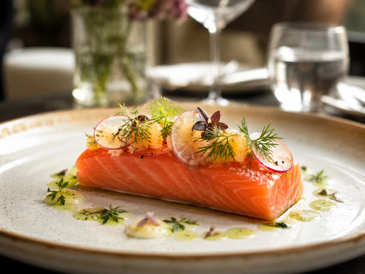 Plat de saumon fictif dressé dans une assiette